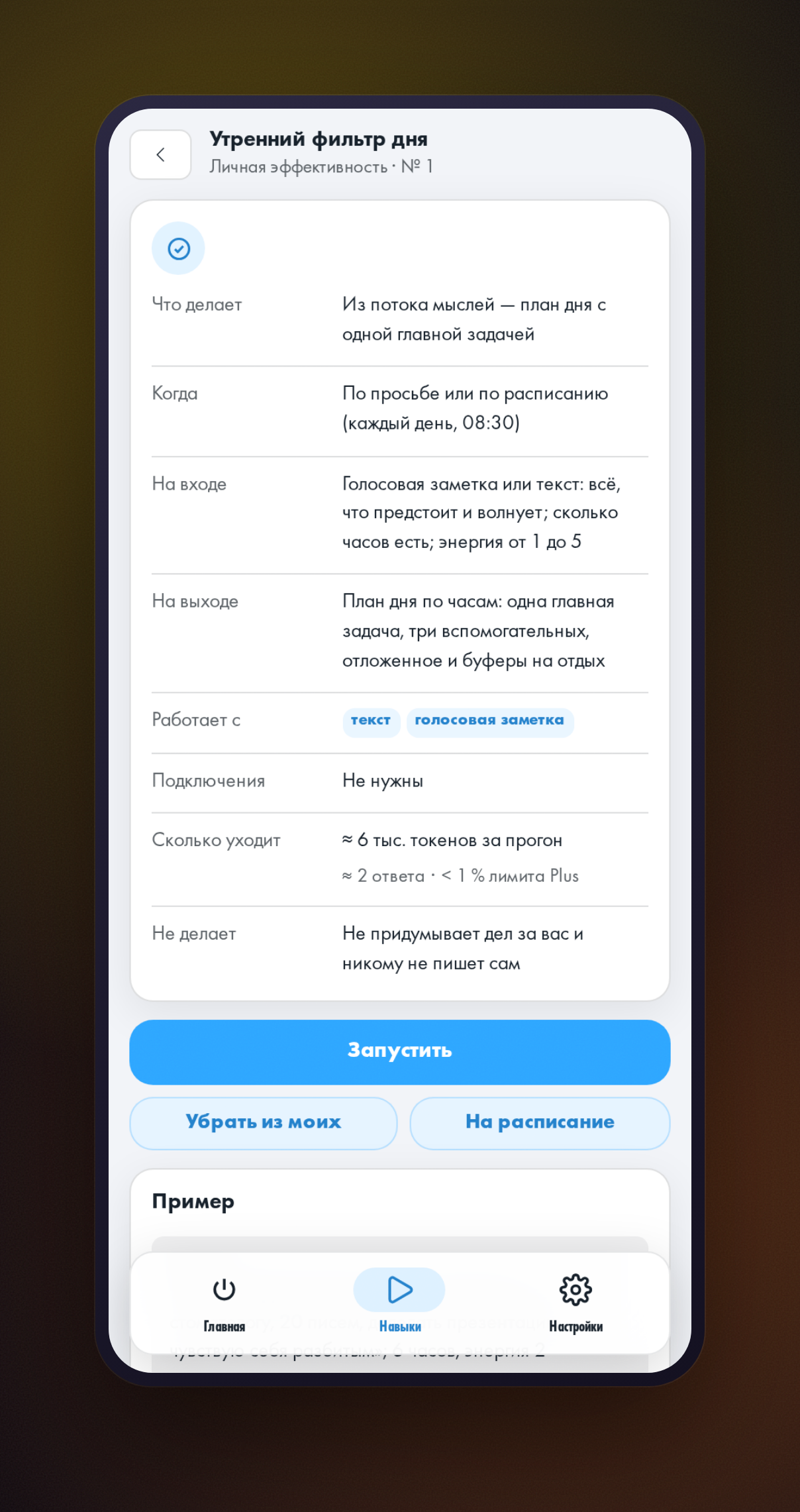 Карточка навыка плана дня: вход, результат, запреты и расход токенов