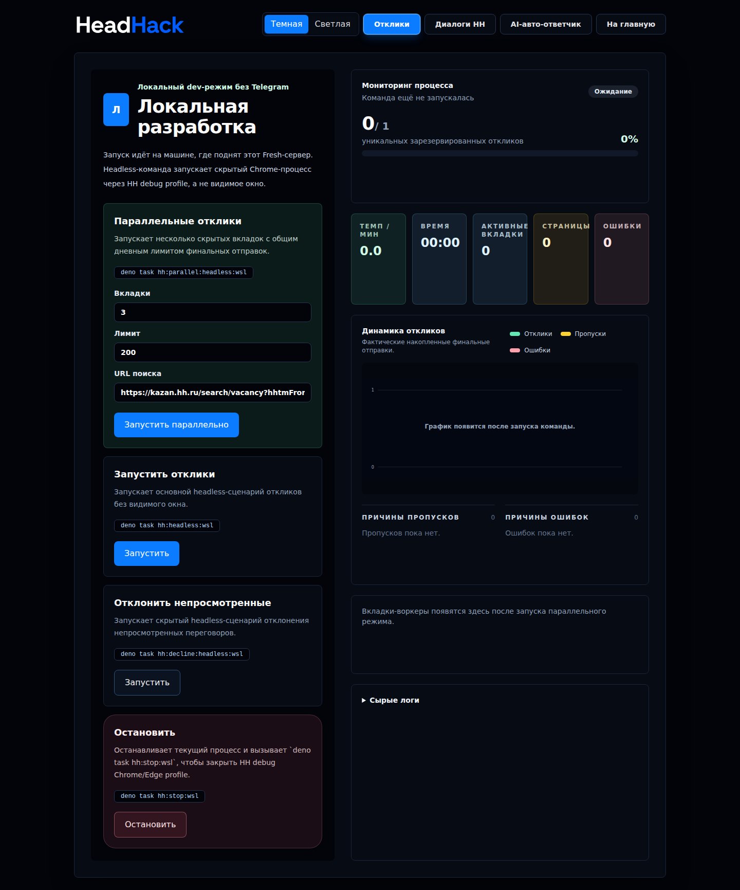 Панель HeadHack с параллельными откликами, лимитами, мониторингом и логами